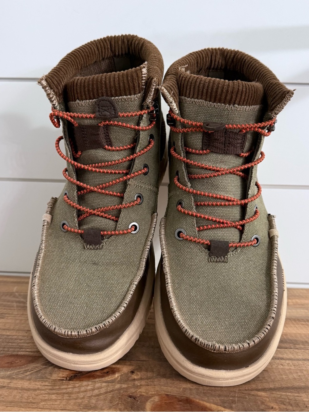 Olive Canvas Brown Leather Boots